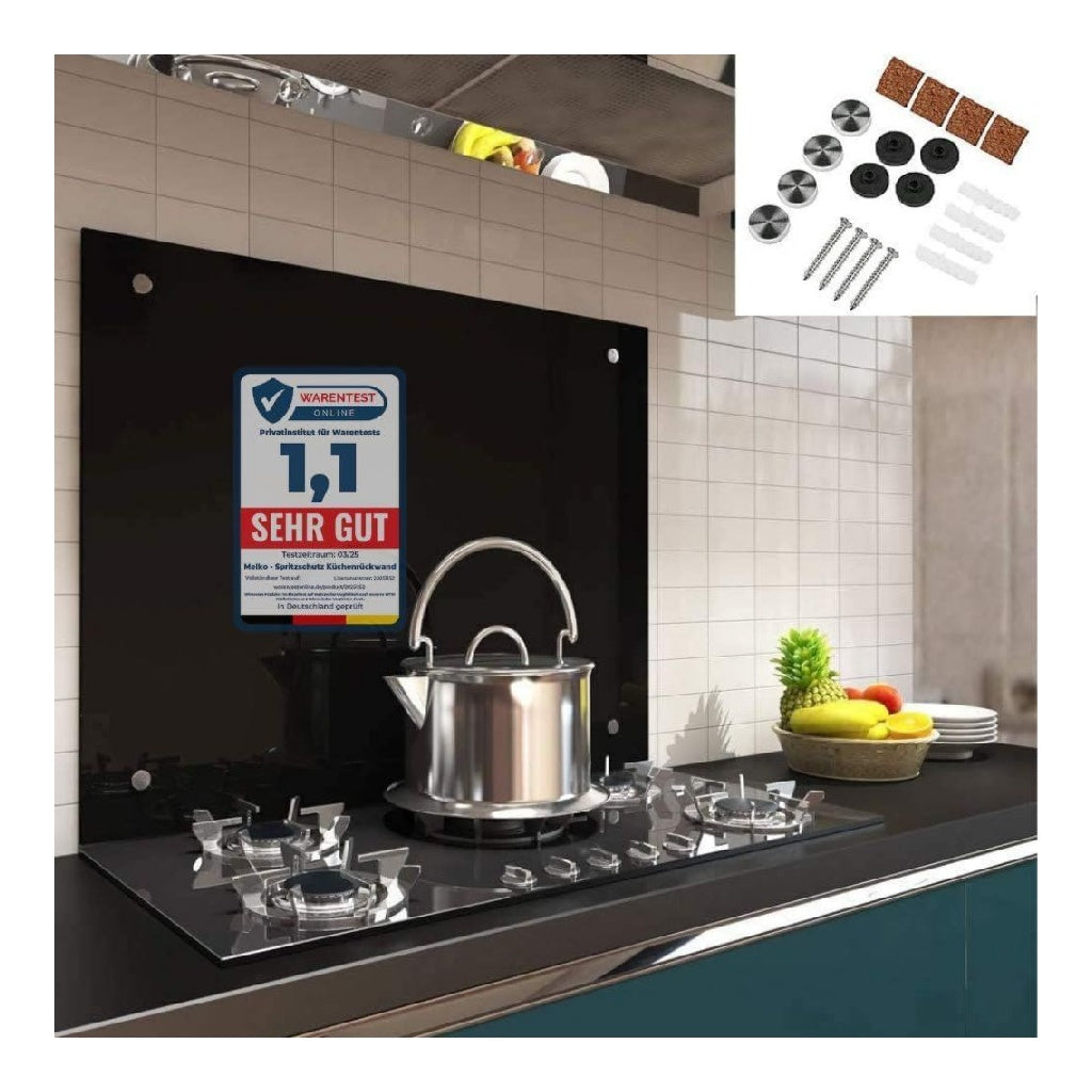 Ecran Melko de protection antiprojection en verre Panneau du cuisiniere Verre trempe de securite du 6 mm Fond mural avec materiel de fixation inclus Verre Noir 90 x 60 cm